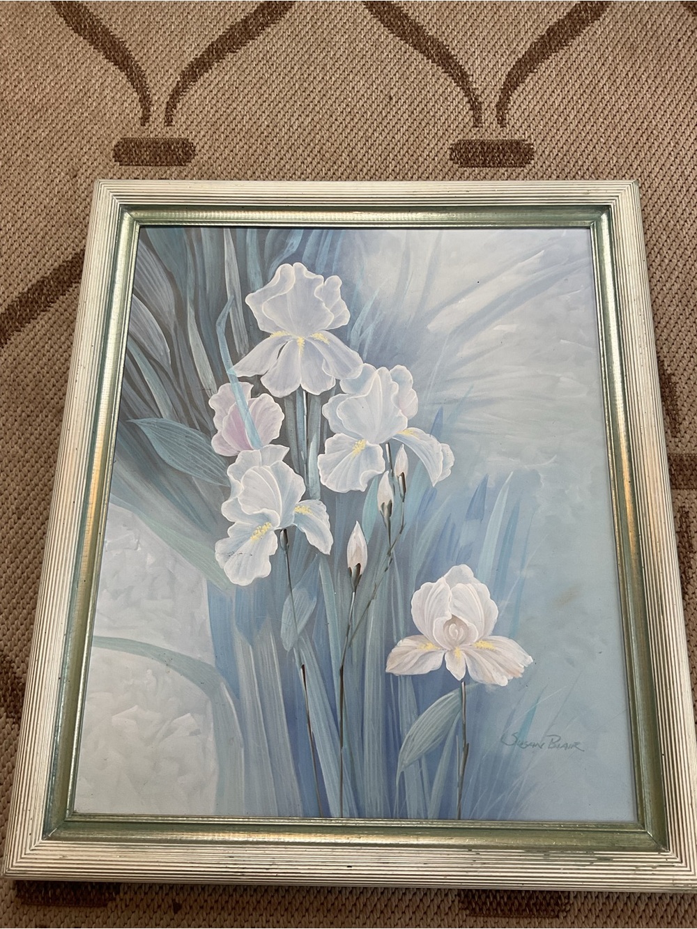 Vintage original Floral Art on Serene Blue Canvas by Susan Blair